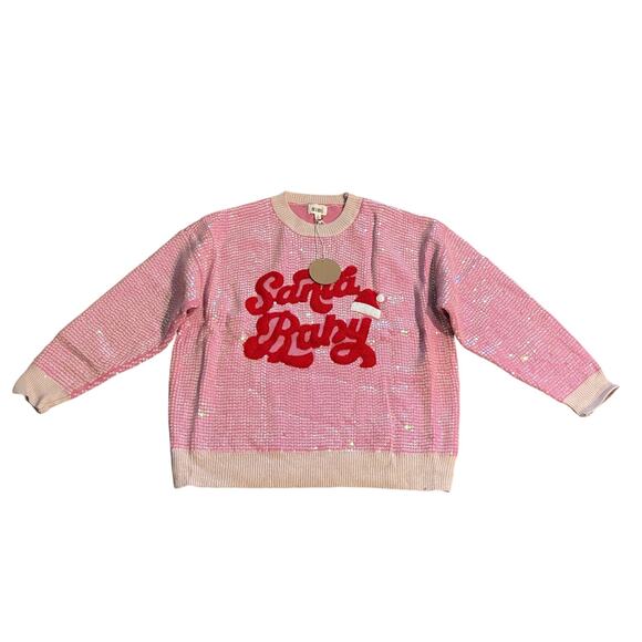 Bibi Women's Large Pink Red Christmas Sequin Long Sleeve Crew Neck Sweater Top - Picture 6 of 7